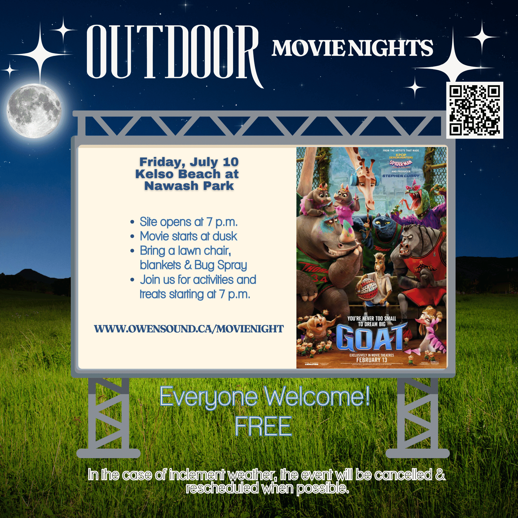 Event image Outdoor Movie Night features the movie GOAT at Kelso Beach at Nawash Park